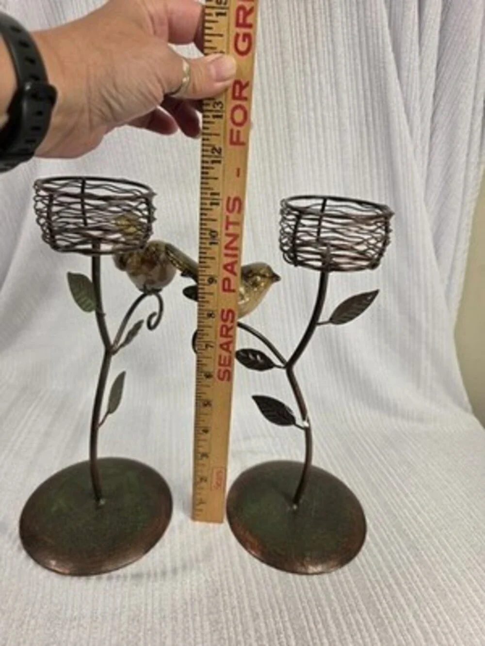 Set of 2 Metal & Glass Bird Votive Candle Holders Rustic Antique look 11in